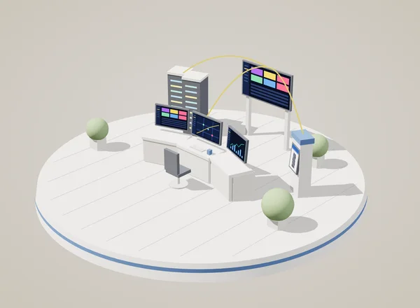 Z-Suite: operations desk with Zamco software screens, server racks and a self-service kiosk